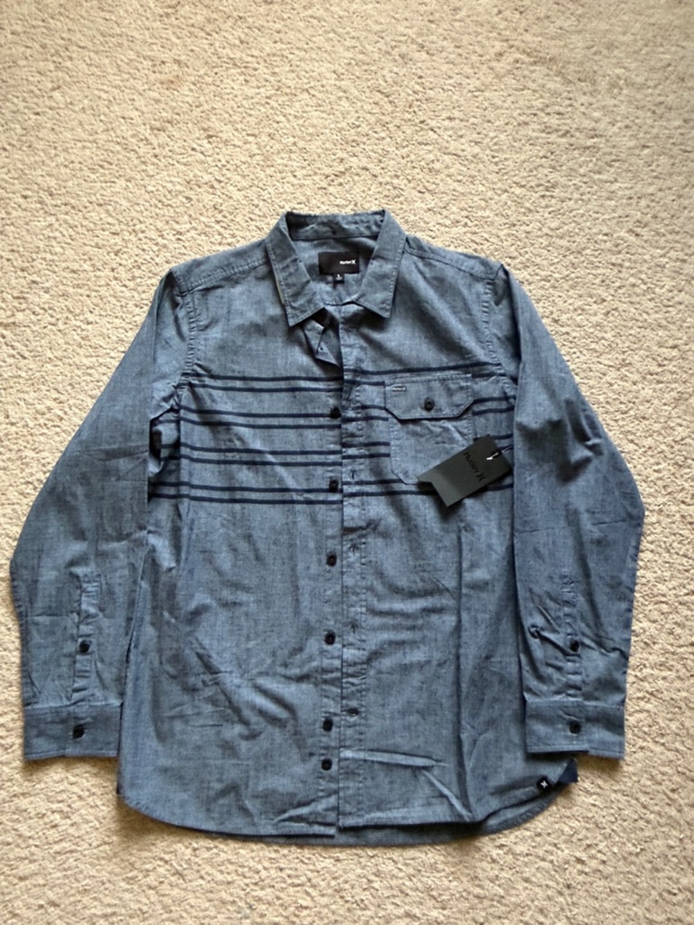 Hurley Men Blue Button-Up Shirt with Horizontal Stripe Detail